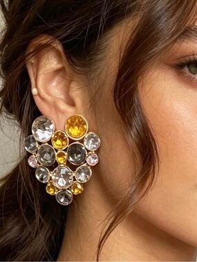 Sparkling Multicolor Crystal Cluster Stud Earrings – Gold Tone Statement